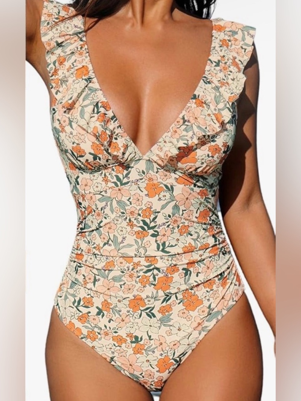 Floral Ruffle One-Piece Swimsuit in Orange & Cream